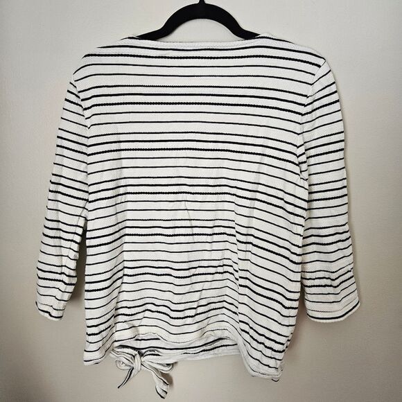 Talbots Top Crewneck Blouse Tie Front 3/4 Sleeve Striped White Black Texture - Picture 4 of 9